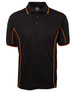 A black polo shirt with orange piping, featuring a collar and three buttons. It has a branding logo on the chest.