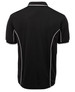 A black polo shirt featuring white piping along the seams and a back view. There is a logo on the collar.