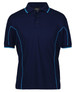 Navy blue polo shirt featuring contrasting light blue piping and a collar. Includes a branding logo.