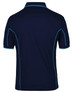 A navy polo shirt featuring light blue piping and a logo on the back. Suitable for casual or active wear.