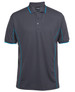 A grey polo shirt with blue piping details and a logo on the collar.