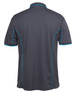 A grey polo shirt featuring blue piping along the seams and a branded logo on the back.
