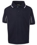 A navy blue polo shirt with white piping, featuring a collar and short sleeves, includes a branding logo.