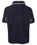 A navy polo shirt with white piping, featuring a collared neck and short sleeves, showing the back view.