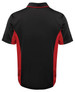A black polo shirt with red accents, featuring short sleeves and a collar, has a logo on the back.