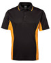 A black polo shirt with orange side panels, featuring a collar and a three-button placket. It has a logo.