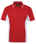 A red polo shirt with white side panels and a collar, featuring a logo on the chest.