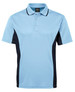 A light blue polo shirt with navy side panels and a logo on the chest. Short sleeves and a classic collar design.