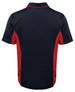 A navy polo shirt with red accents and a logo on the back. Simple design suitable for various occasions.
