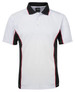 A white polo shirt with black sides and red detailing, featuring a collar and a logo on the upper part.