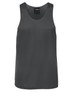 A dark grey singlet with a sleek design and a logo label at the neckline.