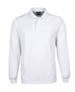 A long-sleeve white polo shirt featuring a collar and buttons, with a branding logo on the chest.