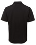 A black polo shirt featuring a classic collar and short sleeves, with a logo on the back.