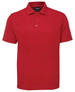 A red polo shirt with a collar, short sleeves, and three buttons, featuring a logo.