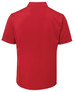 A red polo shirt with short sleeves and a collar, featuring a logo on the back.