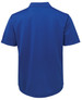 A blue polo shirt with short sleeves and a collar, featuring a logo on the back.