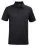 A black polo shirt featuring a classic collar and a three-button placket, with a logo on the chest.