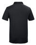 A black polo shirt with a classic short-sleeve design and a collar. It features a logo on the garment.