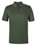 An olive green polo shirt with a collared neck and three buttons, featuring a logo on the label.
