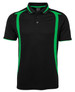 A black polo shirt featuring green accents and a logo on the chest. Suitable for promotional use.