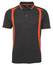 A black polo shirt featuring orange accents and a branded logo on the collar.