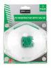 Three-pack of white P2 respirators with a green valve and branding, packaged in a clear plastic box.