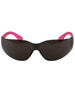 Sunglasses with a black frame and pink arms, featuring a dark lens. Includes a branding logo.