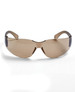 A pair of sunglasses with a brown tint and sleek design, featuring a logo on the side.
