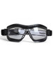 A pair of black safety goggles with clear lenses and adjustable straps.
