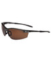 Polarised sunglasses with a black carbon-fibre style frame and brown lenses. Features a branding logo on the frame.