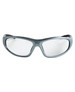 Sunglasses with a grey frame and clear lenses, featuring a textured design and a logo on the side.