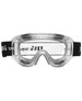 A pair of clear antifog goggles with a black elastic strap featuring a logo.
