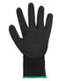 A black nitrile glove with a breathable design and a green cuff, featuring five fingers and a textured surface.