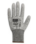 A grey cut-resistant glove with a knitted cuff and branding details. It features a textured grip surface.