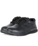 A black lace-up steeltoe shoe with a casual design, featuring a textured upper and a thick sole.