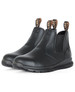 A pair of black elastic-sided safety boots with a logo on the pull tabs. The boots have a sleek, modern design.