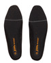 A pair of black insoles with an orange logo, featuring a textured surface and perforations for breathability.
