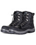 A pair of black lace-up safety boots featuring a sturdy design and metallic eyelets, with a logo on the side.