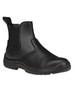 A black elastic-sided safety boot with a rubber sole, featuring a logo on the side and textured panels.