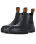 A pair of black soft toe boots with elastic side panels and pull tabs at the heel, featuring a brand logo.