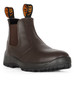 A brown soft toe boot with elastic sides and a logoed pull tab, featuring a sturdy sole for traction.