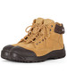 A pair of tan safety boots with black rubber soles and laces, featuring a logo on the heel.
