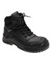 A black safety boot featuring a high-top design, laces, and a logo. Suitable for protective footwear use.