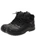 A pair of black safety boots featuring a high-top design, rounded toe, and robust laces.