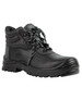 A black lace-up boot with a textured finish and sturdy sole, featuring stylish laces and a logo.