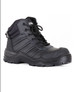 A black safety boot featuring a rugged design, padded collar, and reinforced toe. It includes a logo on the side.