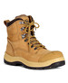 A pair of tan waterproof boots with yellow laces and a reinforced toe, featuring a logo on the side.