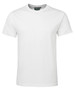 A plain white fitted t-shirt with a round neck and short sleeves, featuring a logo on the label.