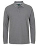 A long-sleeve grey pique polo shirt featuring a collar and buttons, with a logo on the chest.