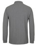 A long-sleeve polo shirt in grey, featuring a collar and a branded logo on the back.